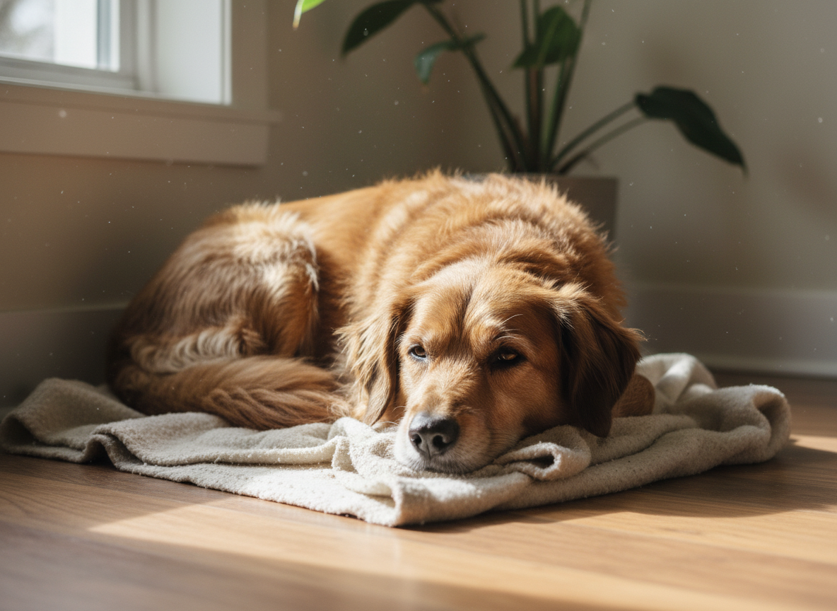 A lethargic dog, looking tired and disinterested, laying down in a quiet corner. Realistic photography, natural light.