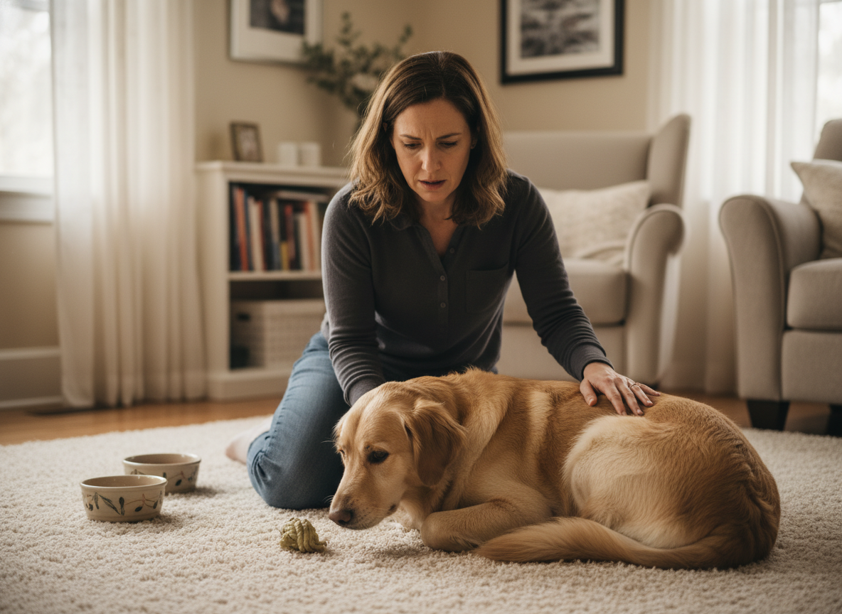 A concerned pet owner closely observing their dog's subtle behavioral changes. Authentic candid photo, soft lighting.