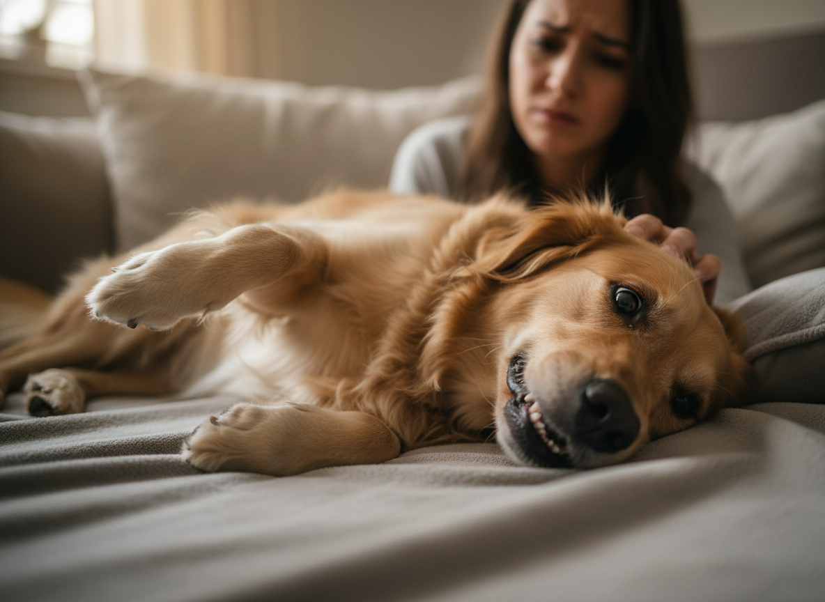 A dog exhibiting muscle twitching or seizures, observed by an owner with concern. Authentic photography, close-up.