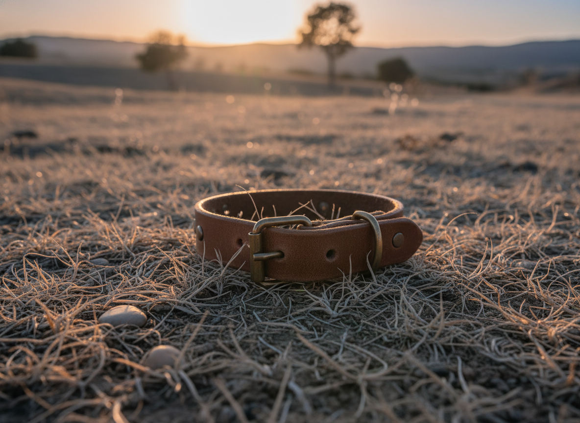 A lone dog collar on dry grass, sunlight fading. Photography style, real.