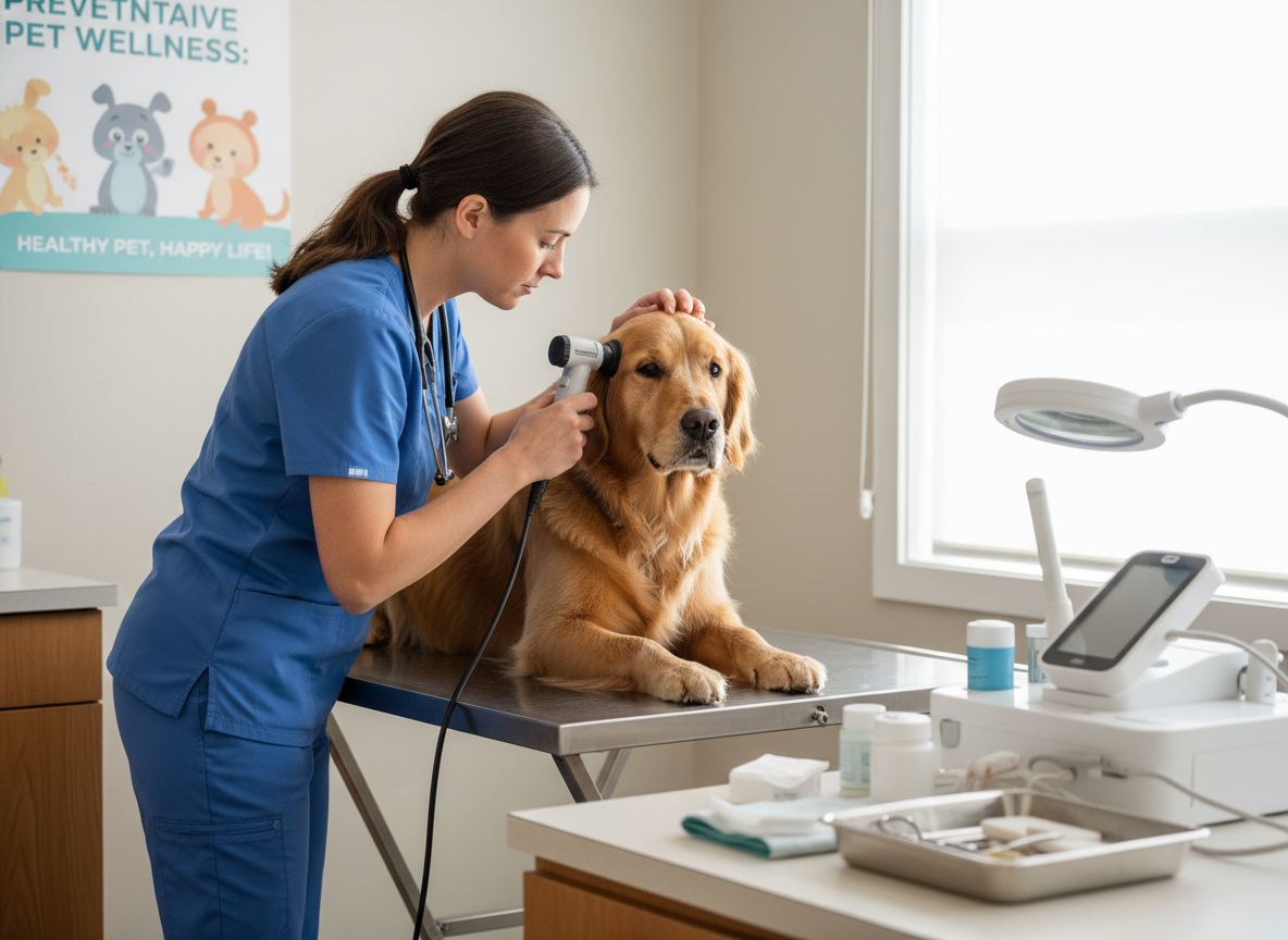 A veterinarian examining a pet with diagnostic tools