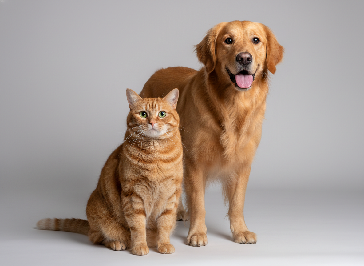A healthy feline and a vibrant canine, side-by-side