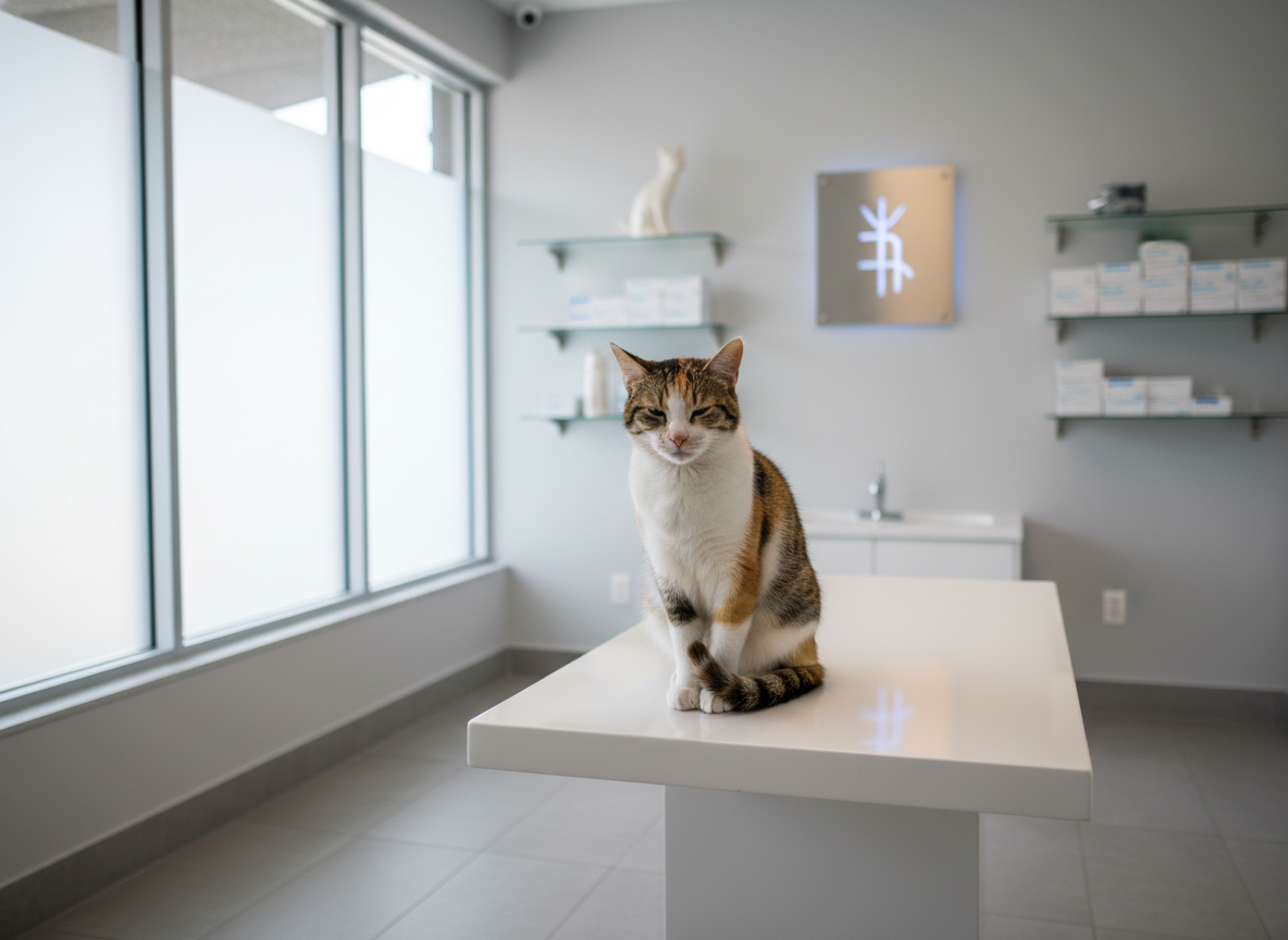 A solitary, calm domestic cat in a clean veterinary environment