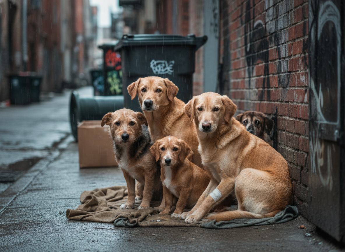 Unvaccinated stray dogs huddled in an urban alleyway