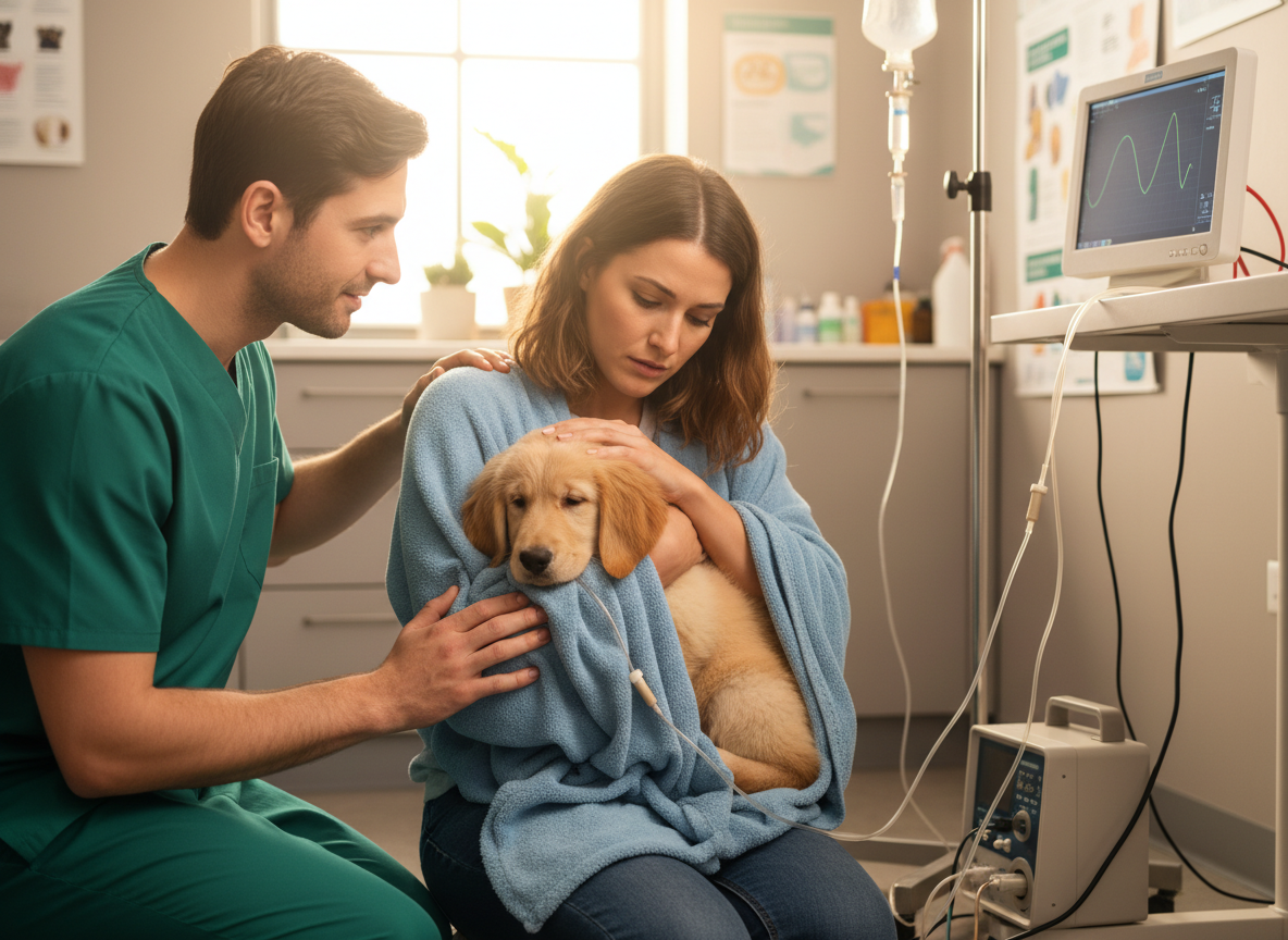 Realistic photograph of a concerned dog owner comforting their puppy at a vet clinic, emphasizing urgent care, soft light.