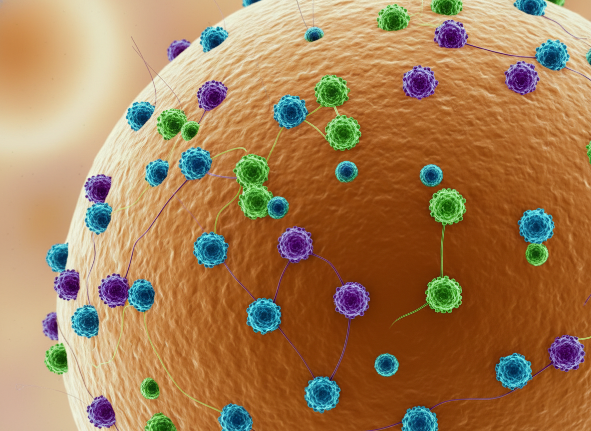 Scientific photography: Canine distemper virus particles exiting a host cell through budding, dynamic, ultra-close-up, real, vibrant.
