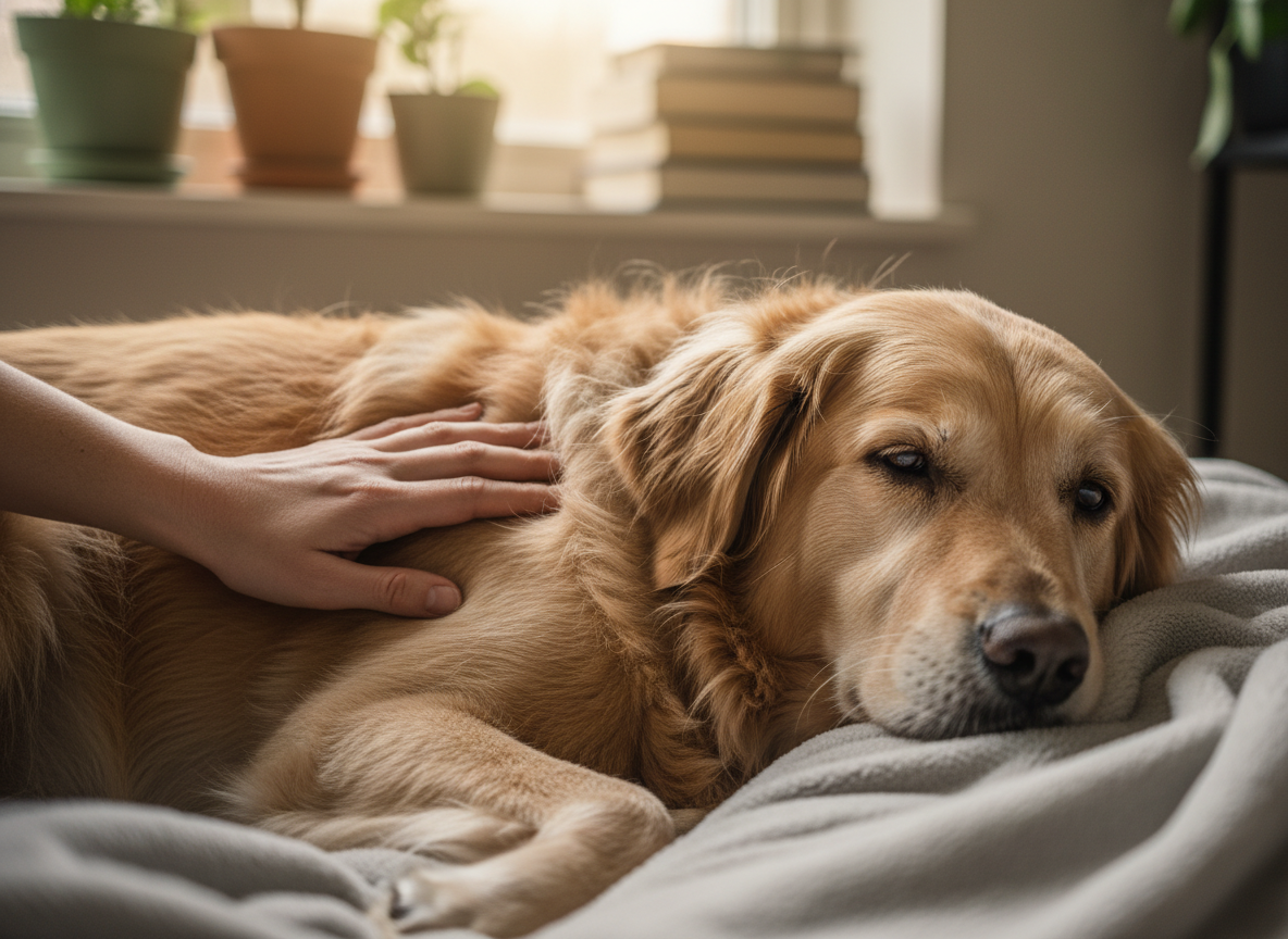 A dog with a subtle look of discomfort, an owner gently stroking it, suggesting lingering health issues post-recovery. Photographic style, realistic.