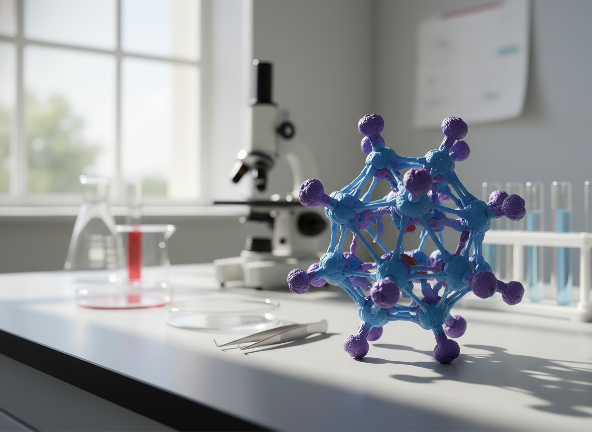 Realistic close-up photograph of a scientific model of canine parvovirus, laboratory setting, natural light, high detail.