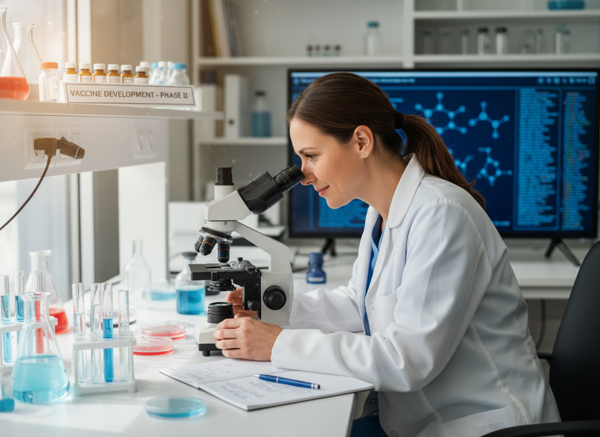 Candid photograph: A focused veterinarian or scientist working in a lab with a microscope, research, vaccine development, hopeful, realistic.
