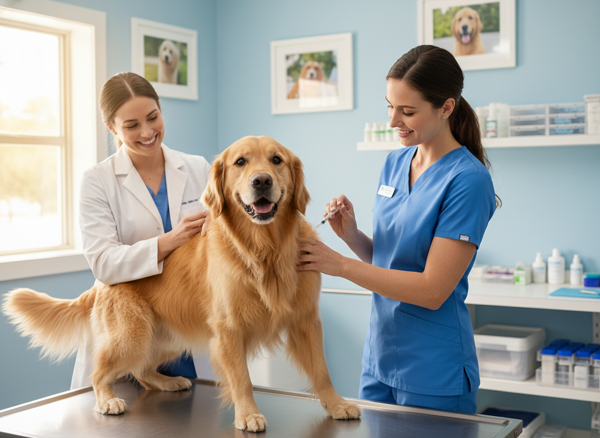 A happy, healthy dog receiving a vaccine shot from a caring veterinarian, bright and clean clinic setting, photographic style.