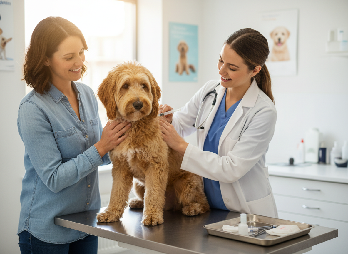 A responsible pet owner with their dog at a veterinary clinic, receiving a vaccine. Photographic, real-life scenario.