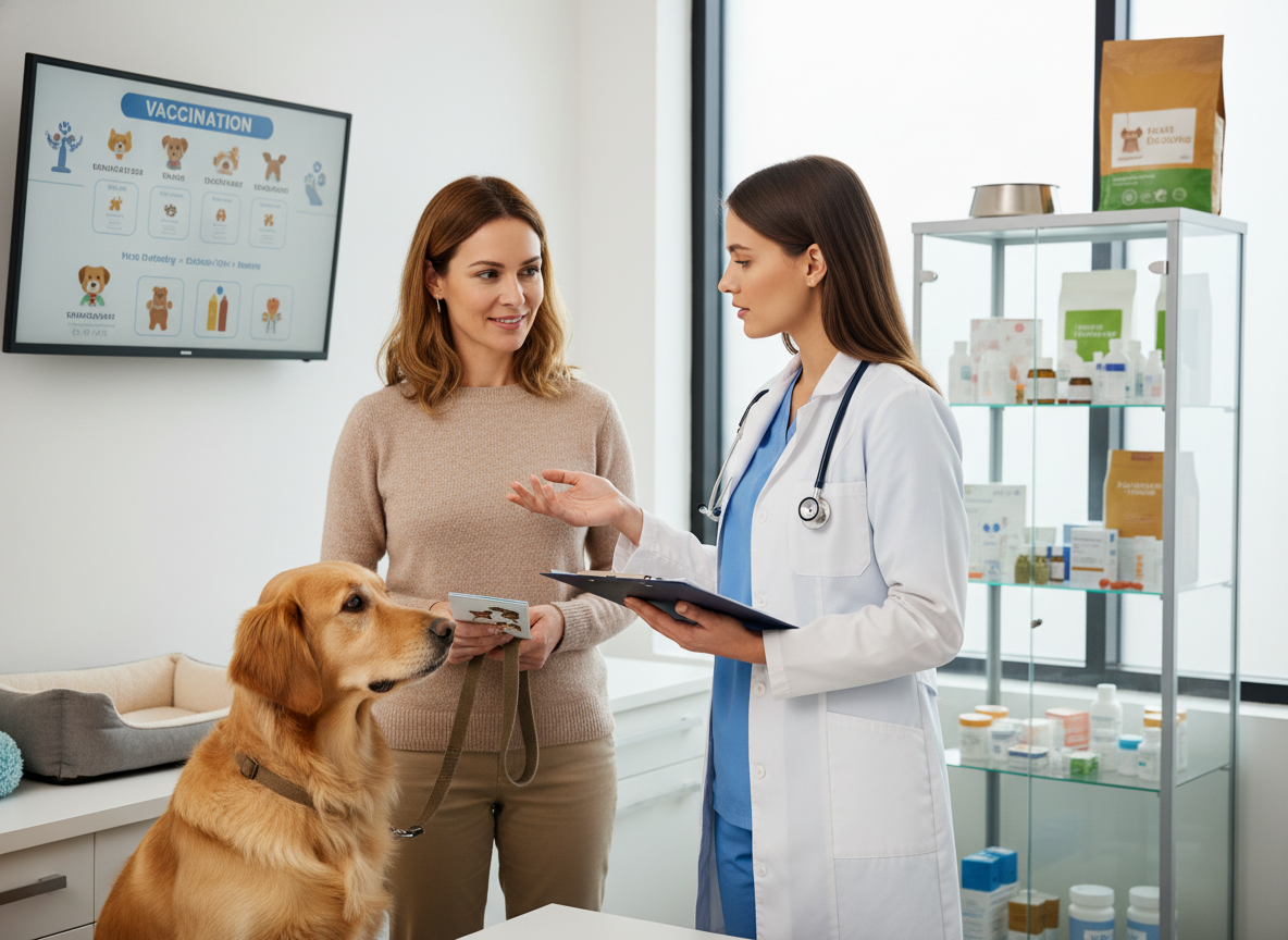 A responsible pet owner consults with a veterinarian about vaccination and care for their dog, reducing health risks. Candid photo.