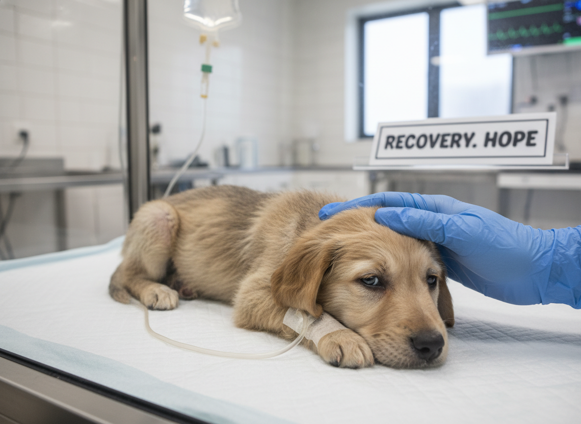 A frail puppy recovering from parvovirus, looking weary but hopeful, in a clean veterinary clinic. Photographic style, realistic.