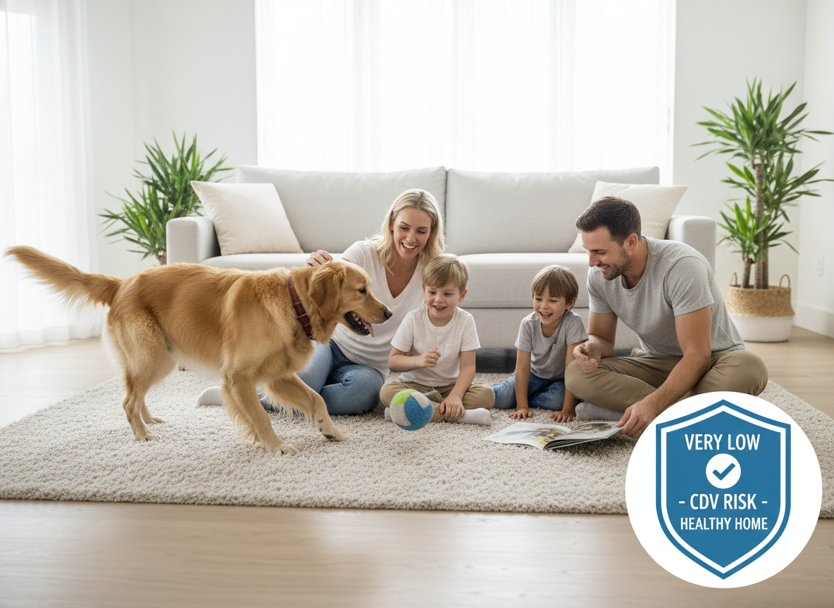 A happy family enjoys time with their healthy pet in a clean home, illustrating very low CDV risk to humans. Authentic photo.