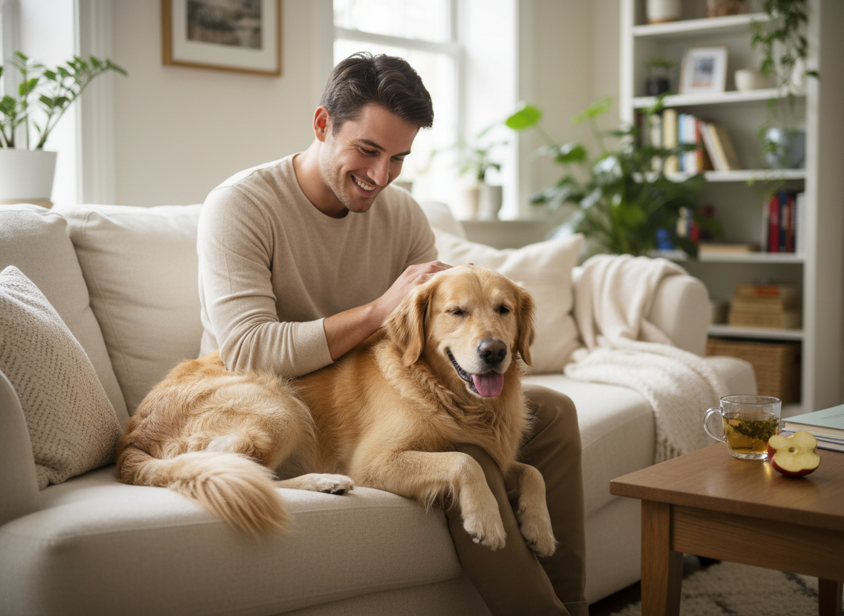A healthy person gently petting a happy, well-cared-for dog in a home environment. Photographic, real-life scene.