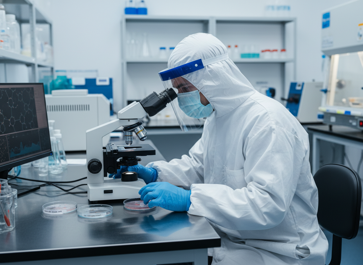 A focused scientist examines samples in a sterile lab, investigating CDV's natural transmission to humans. Photorealistic.
