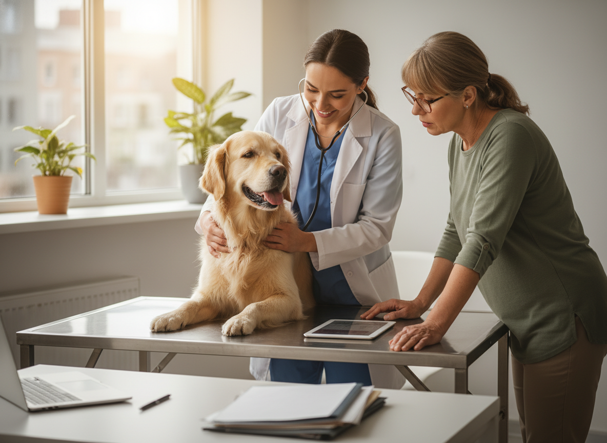 A veterinarian conducting a check-up on a dog, discussing a long-term care plan with the attentive owner. Photographic style, realistic.