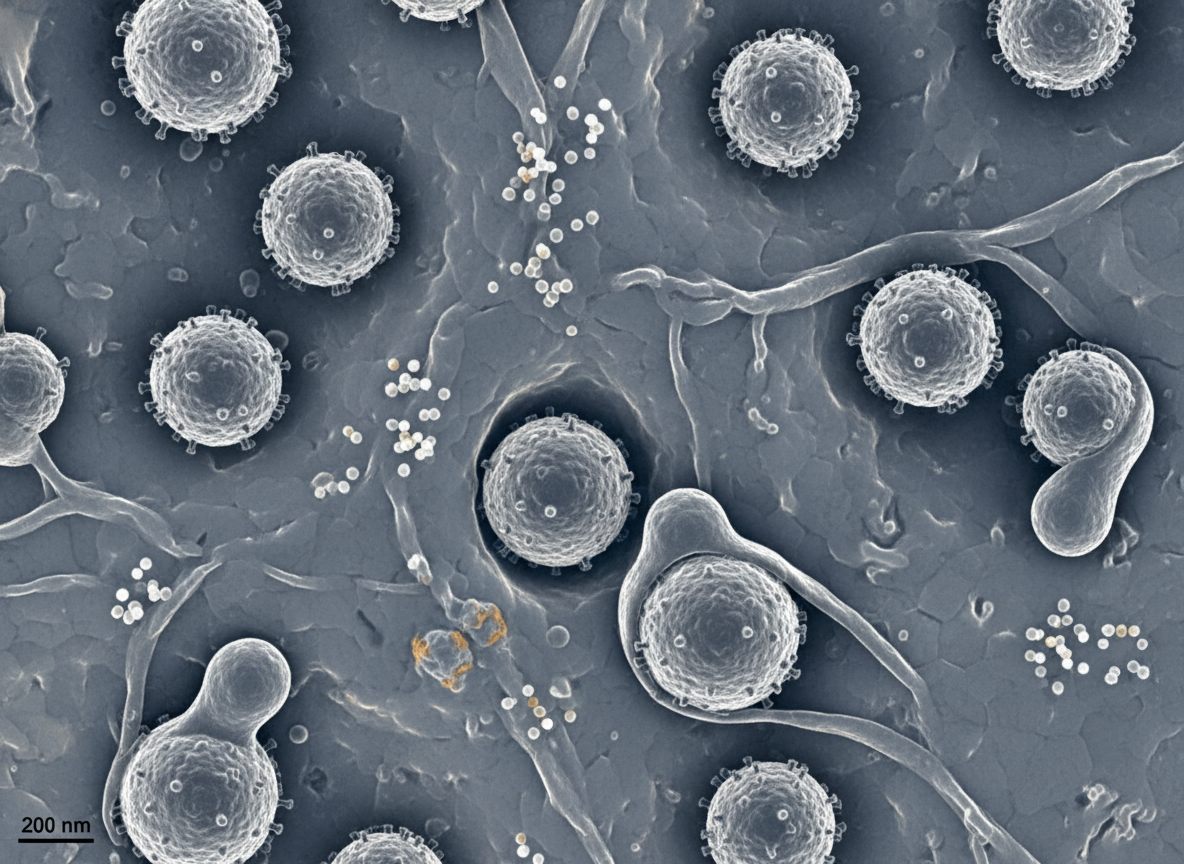 Highly detailed electron micrograph: Canine distemper virus particles attaching to and entering a host cell membrane, scientific, real.