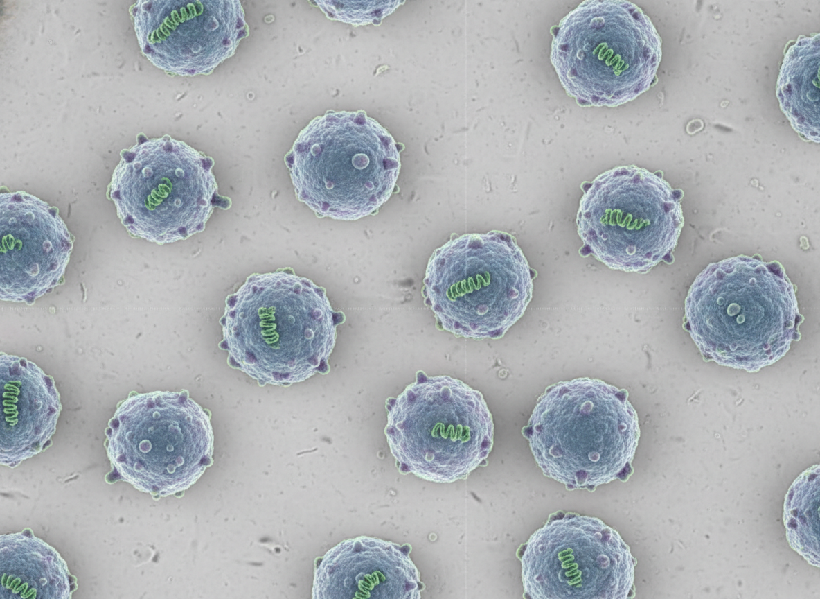 Microscopic view of canine distemper virus, detailed scientific photography, high resolution.