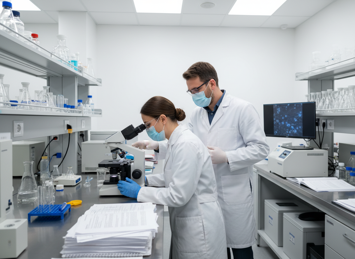 Scientists in a sterile lab, examining samples under a microscope, surrounded by research papers. Photographic.