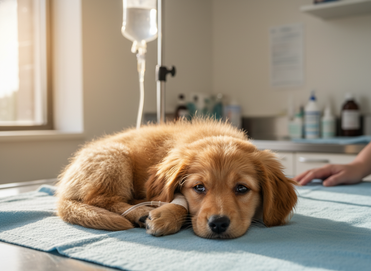 Realistic photograph of a lethargic puppy, showing signs of distress or fatigue, curled up, soft natural light, veterinary setting.