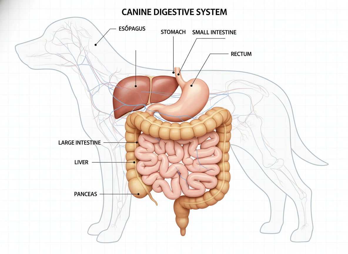 Photographic representation of a canine digestive tract, emphasizing intestines, detailed, medical textbook style, realistic.