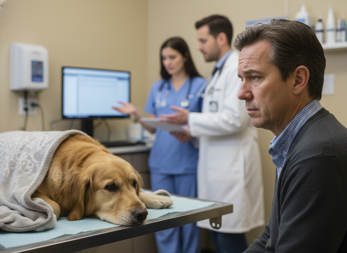 A worried person observes a dog, a veterinarian consults in the background. Photographic, real-life.