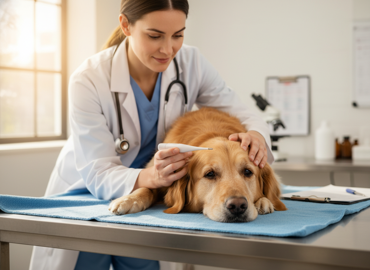 A veterinarian gently examining a dog showing signs of illness, empathetic, realistic photography, soft lighting.