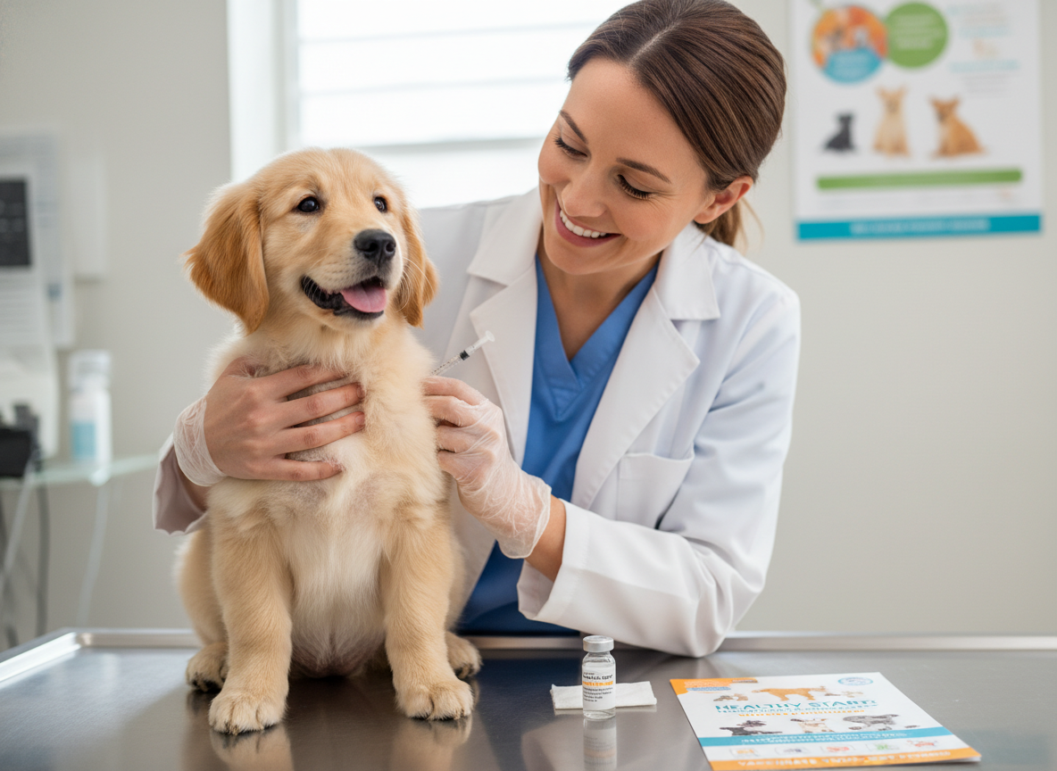 A healthy puppy receiving a vaccination from a gentle veterinarian, emphasizing preventative care. Photographic style, realistic.