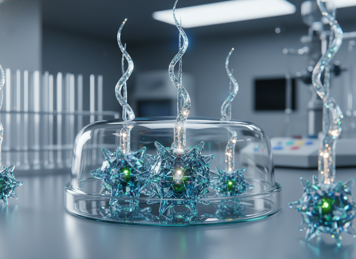 Macro shot of abstract viral structures, sterile lab background, realistic photography.