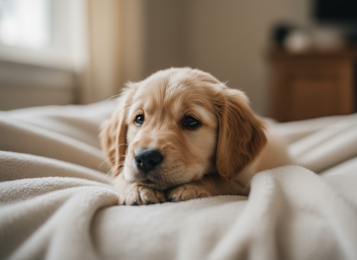 Close-up photo of a small, innocent puppy looking fragile, conveying vulnerability. Soft, natural light. Photography style.