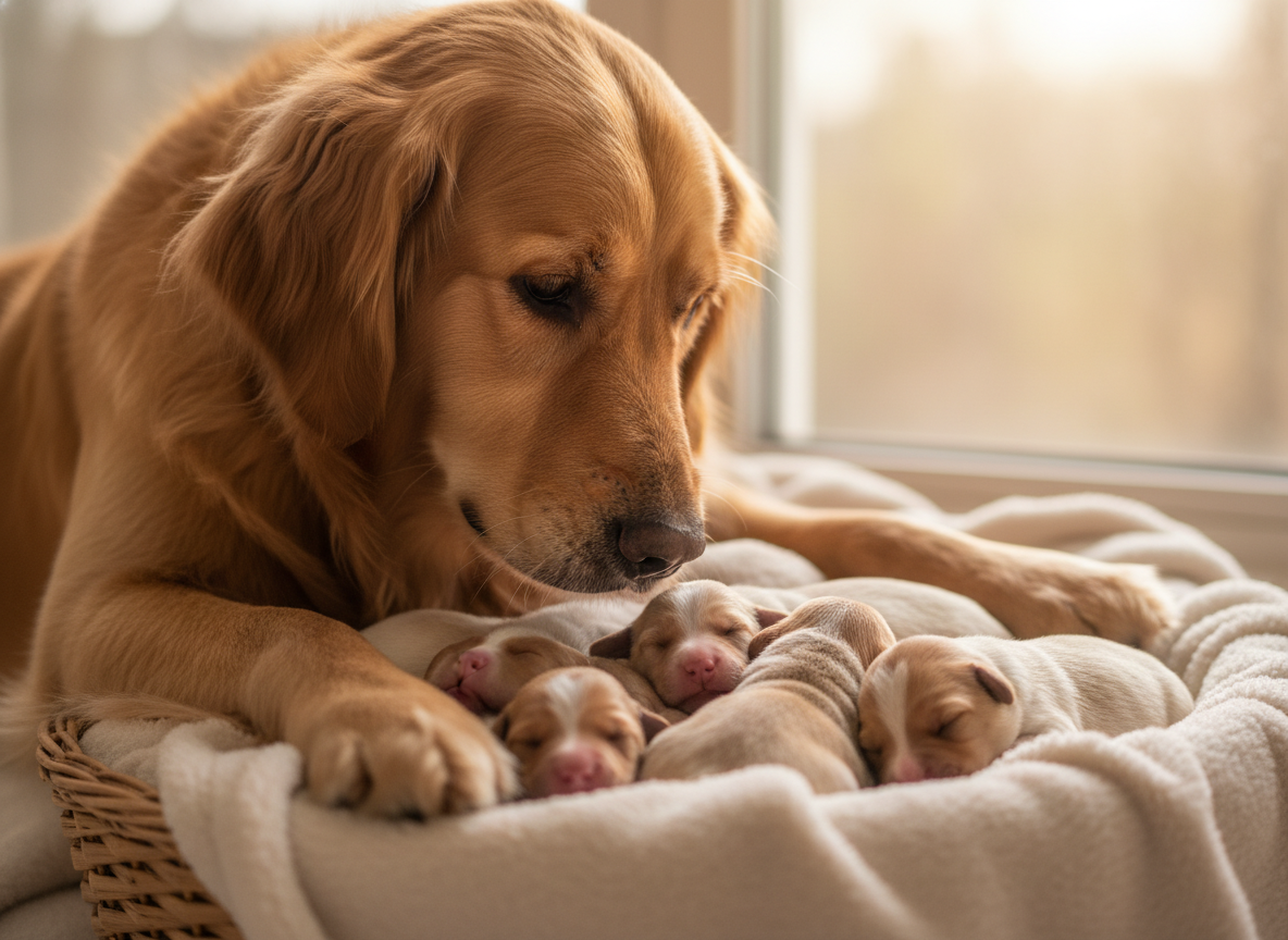 Heartwarming photo of a mother dog gently nuzzling her tiny puppies, symbolizing protection and care. Soft focus, real photo.
