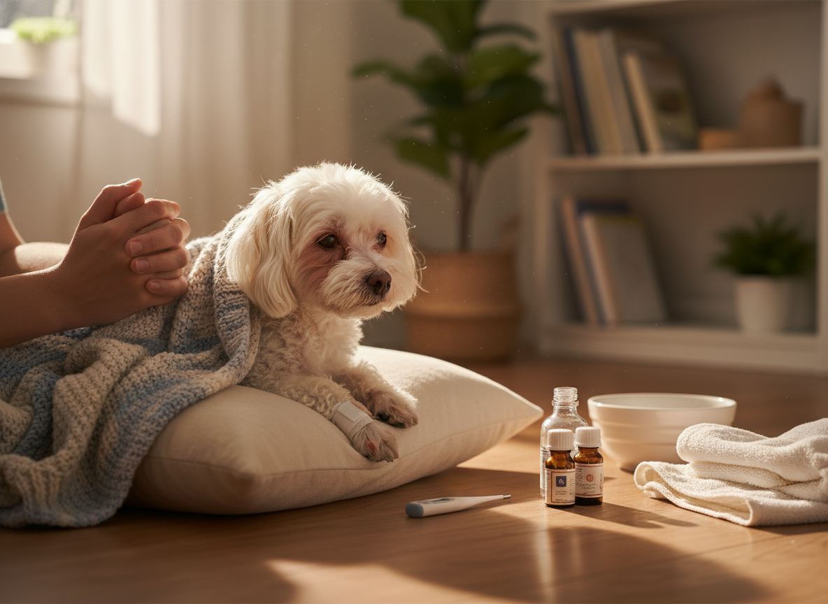 A tender moment of a dog being gently cared for, subtle signs of a delicate immune system, warm lighting. Documentary photography.