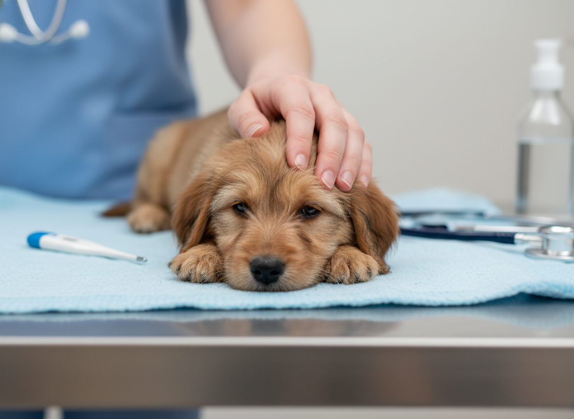 Sick puppy, weak and lethargic, gentle vet hand comforting, realistic medical photography.