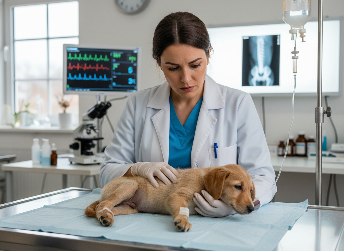 Solemn veterinarian examining a very ill puppy, emphasizing the severity of the illness, realistic clinic setting.