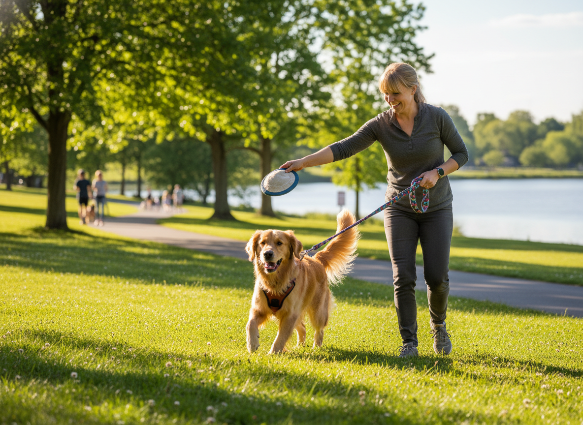 A healthy, happy dog playing safely outdoors with its loving owner, embodying proactive care. Vibrant, real-life photography.