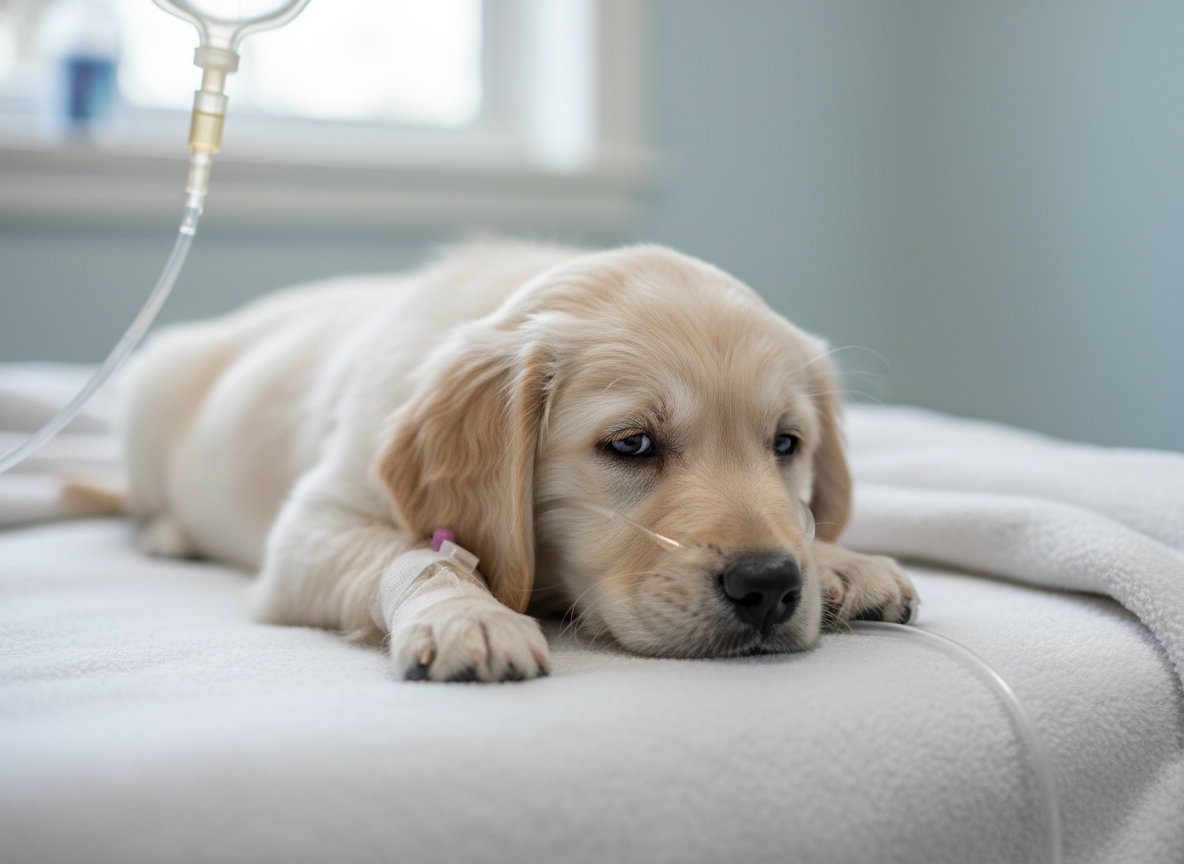 A detailed, poignant photo illustrating a puppy's weakened state, perhaps with medical tubing, symbolizing systemic organ distress.