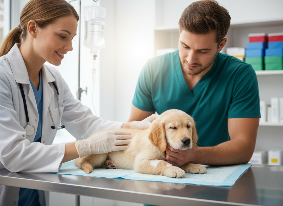 A comforting photo of a puppy receiving veterinary care, showing a vet administering fluids or medication, hope in action.