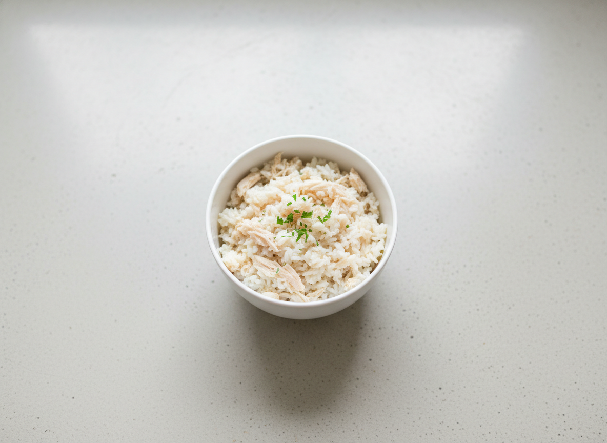 A small bowl containing bland, vet-approved dog food like boiled chicken and rice.