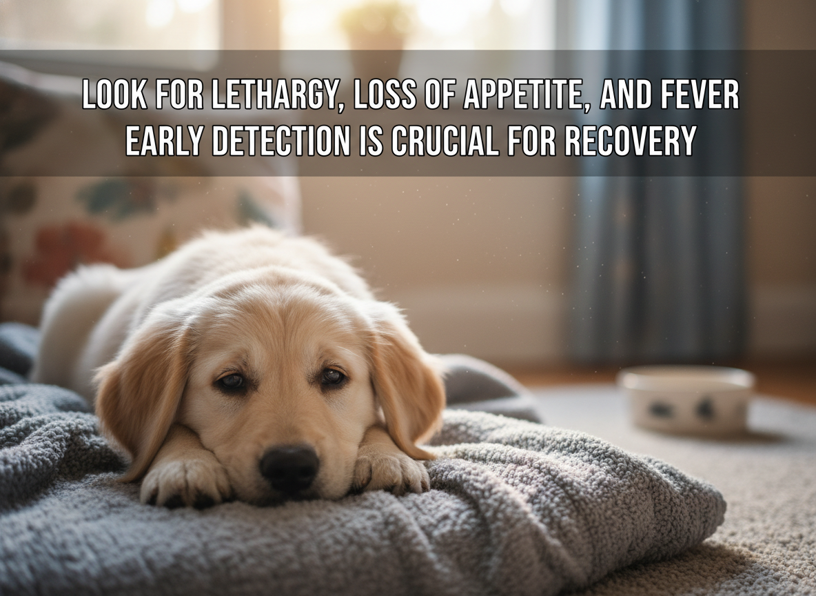 Text: Look for lethargy, loss of appetite, and fever. Early detection is crucial for recovery. Image: A close-up, soft-focus photo of a puppy looking tired and listless in a quiet home setting, shot with natural light.