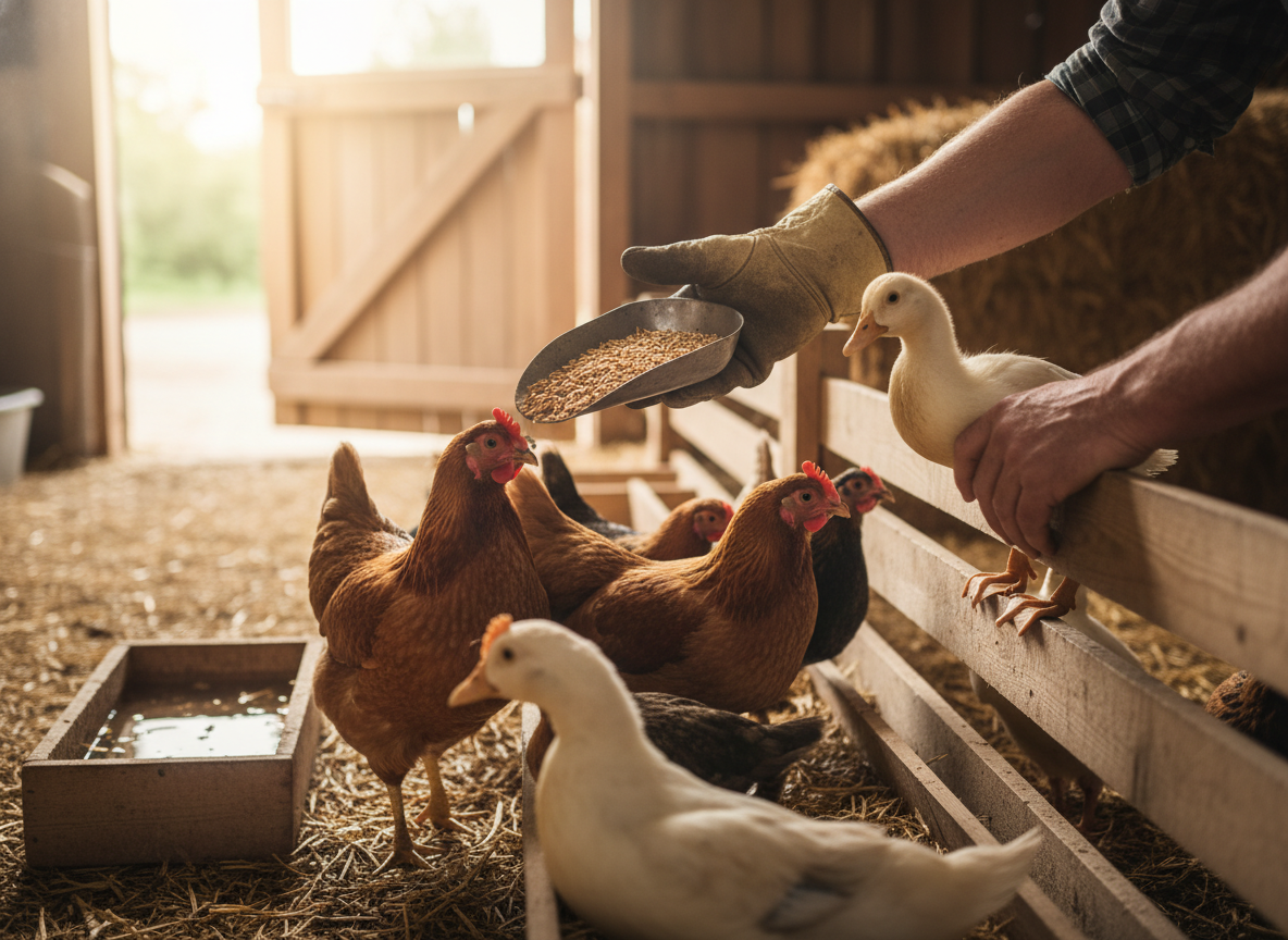 Close-up of a farmer interacting with poultry on a farm, showing hands near birds or contaminated surfaces. Natural lighting.