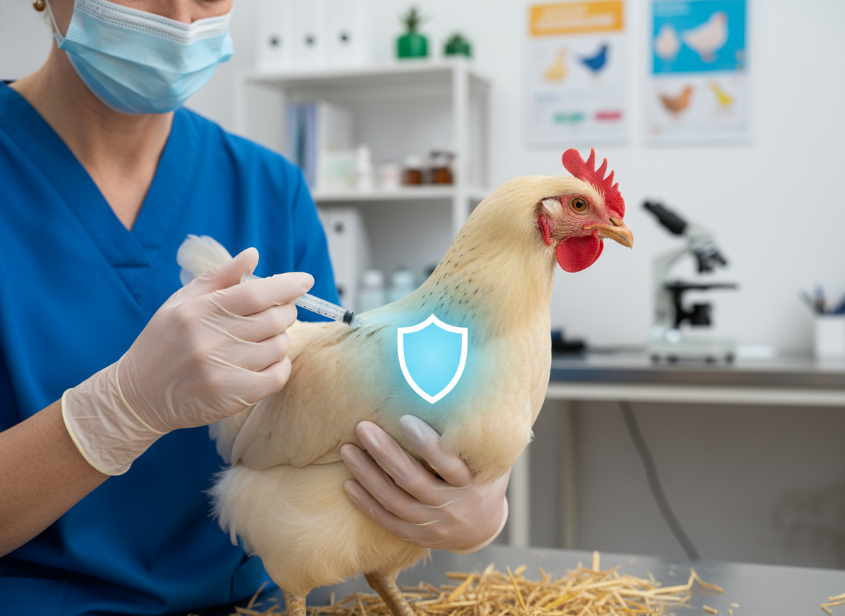 Photographic scene of a veterinarian vaccinating a chicken, symbolizing enhanced immunity against avian influenza. Real photo style.